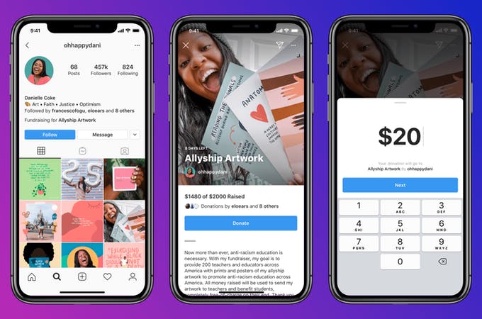 Una captura de pantalla del blog de Instagram, que muestra 3 teléfonos móviles con los pasos para crear una recaudación de fondos personal.